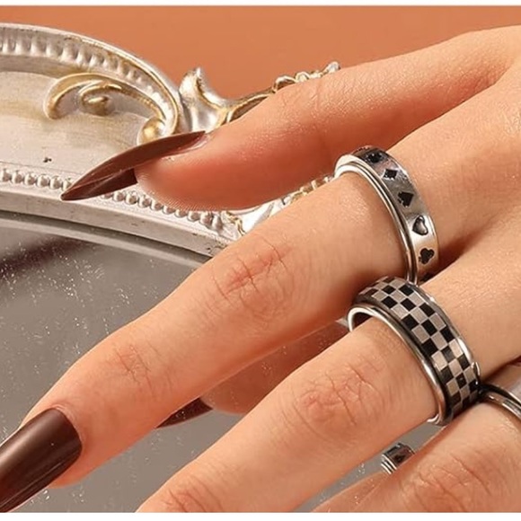 Silver Black Poker Anxiety Fidget Spinner Ring - Picture 2 of 5